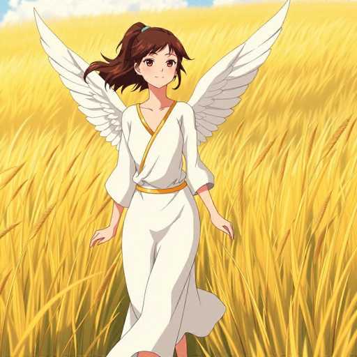 In this captivating anime-style illustration, a young girl stands gracefully in the middle of a vast, golden wheat field. The wheat, tall and swaying gently in the breeze, creates a sea of yellow that stretches to the horizon. Above, a sliver of blue sky peeks through a canopy of fluffy white clouds, adding a serene backdrop to the scene.

The girl, with her long brown hair tied back in a ponytail, exudes an ethereal presence. She is adorned in a flowing white dress that features a gold belt cinched at her waist and a gold V-neckline. Her sleeves are slightly puffy, adding a touch of elegance to her attire. Large, majestic white wings sprout from her back, extending upwards and outwards, emphasizing her angelic nature.

Her expression is serene, with a gentle smile gracing her face. Her hands rest softly at her sides, and a hint of her legs is visible beneath the hem of her dress. The overall composition of the image, with the girl standing amidst the golden wheat and framed by the blue sky and white clouds, creates a harmonious and enchanting scene.