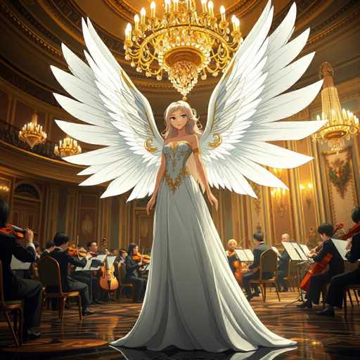 The image depicts an angel standing in a grand room with gold accents and chandeliers hanging from the ceiling. The angel is wearing a long white dress adorned with gold accents and has large wings spread out behind her. In front of the angel are several musicians playing instruments such as violins, cellos, and harps.
