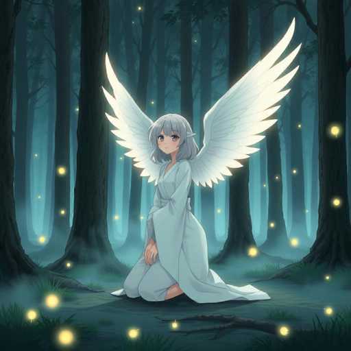 In this captivating image, a young girl with short gray hair kneels gracefully on the ground, her knees tucked beneath her. She is adorned in a long, flowing gray dress that cascades elegantly around her. Her large, white wings extend majestically from her back, adding an ethereal quality to her appearance. The girl's expressive eyes are wide open, and her small mouth is slightly agape, giving her a serene yet enchanting expression. Her hands rest gently on her knees, completing her poised and tranquil demeanor.

The setting is a mystical forest, where the ground is covered in lush green grass. Surrounding her are numerous trees, their trunks varying in size and shape, creating a dense and enchanting woodland. The trees are adorned with numerous glowing yellow lights, which appear to be emanating from the ground and floating around the girl, adding a magical aura to the scene. The overall atmosphere is one of tranquility and wonder, perfectly capturing the essence of a fairy-like being in a enchanted forest.