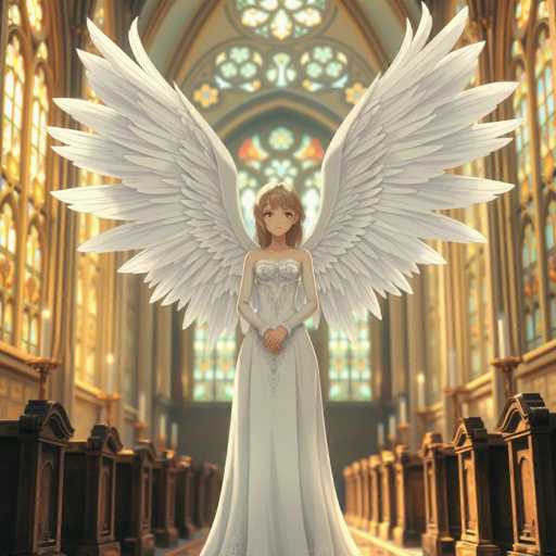 The image depicts a serene and ethereal scene set within the grandeur of a cathedral. At the center stands a young woman with long, flowing brown hair, adorned in a stunning white wedding dress. Her dress features a strapless design with a sweetheart neckline and a fitted bodice that flares out into a full skirt. The dress is embellished with intricate lace detailing around the neckline and waist, adding a touch of elegance and sophistication.

The woman's most striking feature is her pair of enormous white angel wings, which extend majestically from her back, creating a dramatic and awe-inspiring silhouette. Her hands are clasped together in front of her, and she gazes directly ahead with a composed and peaceful expression.

The cathedral setting is equally captivating, with rows of dark brown wooden pews lining both sides of the aisle. The walls are adorned with tall, arched stained glass windows, casting a soft, colorful glow throughout the space. Above the woman, a large stained glass window depicts a radiant sun with vibrant hues of orange, yellow, and blue, adding to the celestial ambiance of the scene.

The overall composition exudes a sense of tranquility and divine beauty, seamlessly blending the human form with celestial elements in a breathtakingly beautiful setting.