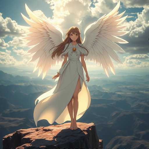 In this captivating image, a young woman stands gracefully on a rocky outcrop, her long brown hair cascading down her back. She is adorned in a flowing white dress that features a daring slit up the side, revealing her bare leg. The dress is cinched at the waist with a delicate sash, and a striking gold emblem graces the center of her chest. Her arms hang naturally by her sides, and she wears white sandals on her feet. 

Behind her, majestic white wings extend outward, adding an ethereal quality to her presence. The sky above is a brilliant blue, dotted with fluffy white clouds, through which the sun's rays pierce, casting a warm glow on her hair and wings. Below her, a vast expanse of rugged, brown mountains stretches out to the horizon, creating a dramatic and awe-inspiring backdrop. The scene is bathed in natural light, highlighting the serene yet powerful beauty of the moment.