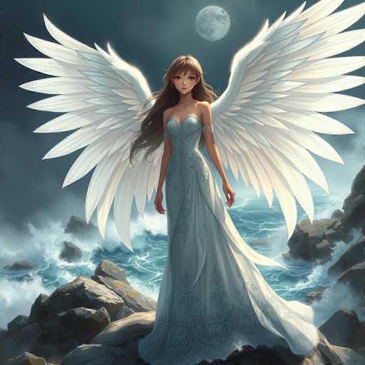 This detailed illustration depicts a young woman with long, flowing brown hair cascading down to her waist. She is adorned in a strapless, light blue dress that features intricate lace detailing at the bottom and around the shoulders. The dress is form-fitting, accentuating her figure. Her arms are relaxed at her sides, and she gazes directly at the viewer with a serene expression.

Behind her, a pair of large, white angel wings spread out, adding a celestial element to the scene. The background is a dramatic night sky, painted in deep shades of blue and black, with a full moon casting a soft glow. Below, the ocean is depicted in dark blue hues, with waves crashing against jagged rocks that jut out from the water. The overall atmosphere is one of ethereal beauty and tranquility, blending natural and supernatural elements harmoniously.