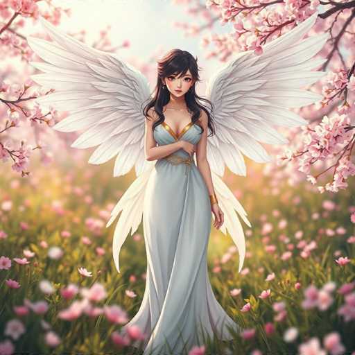 This image features a beautifully detailed, computer-generated anime-style illustration of a young woman standing in a lush field of green grass dotted with pink cherry blossom flowers. The background is slightly blurred, drawing focus to the central figure. She has long, dark brown hair that cascades down to her chest, with bangs framing her face. Her expressive eyes are large and dark, and she has a small, delicate nose and full lips. She is adorned in a light blue dress with a gold trim at the top, which is low-cut, revealing a hint of cleavage. The dress is form-fitting and extends down to her feet, with a slit on the right side. She wears a gold bracelet on her left wrist and a gold choker around her neck. Her right arm is bent across her chest, while her left arm hangs gracefully by her side. Behind her, a pair of large, white angel wings spread out, adding a celestial touch to her ethereal appearance.