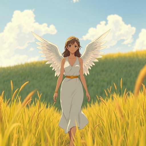 In this captivating image, a young woman stands gracefully in the middle of a vast field of tall, golden wheat, with the sun casting a warm glow over the scene. She is adorned in a flowing white dress that features a striking gold belt cinched at her waist, and the dress is elegantly designed with a single shoulder strap that drapes over her left shoulder. Her long, brown hair cascades down her back, complementing the ethereal white angel wings that extend from her back. The sky above is a brilliant blue, dotted with fluffy white clouds, adding to the serene and enchanting atmosphere of the image.