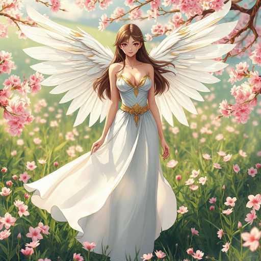 This image features a beautifully detailed, AI-generated anime-style illustration of a young woman standing in a lush green field adorned with pink cherry blossom flowers. The woman, who has long brown hair cascading down her back, is dressed in an elegant white gown with a low-cut neckline and a gold belt cinching her waist. She holds the sides of her dress, causing it to billow slightly in the wind. Her large, white angel wings, accented with gold at the tips, spread majestically behind her. The background showcases a serene blue sky dotted with fluffy white clouds, and a cherry blossom tree branch extends into the frame from the top right corner. The overall scene exudes a sense of tranquility and ethereal beauty, with the woman appearing almost like a divine figure amidst the natural splendor.