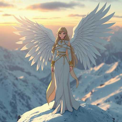 In this captivating image, a young woman stands gracefully atop a snow-covered mountain, her long blonde hair cascading down her back. She is adorned in a flowing white gown, intricately wrapped with golden ribbons that tie elegantly around her chest and waist. Her striking green eyes gaze directly at the viewer, exuding a sense of serenity and strength. Large, majestic white wings extend from her back, adding an ethereal quality to her presence. The background reveals a breathtaking landscape of snow-capped mountains stretching into the distance, beneath a sky painted with the warm hues of a setting sun. The scene is bathed in a soft, golden light, enhancing the dreamlike atmosphere and casting a gentle glow on the snow around her.
