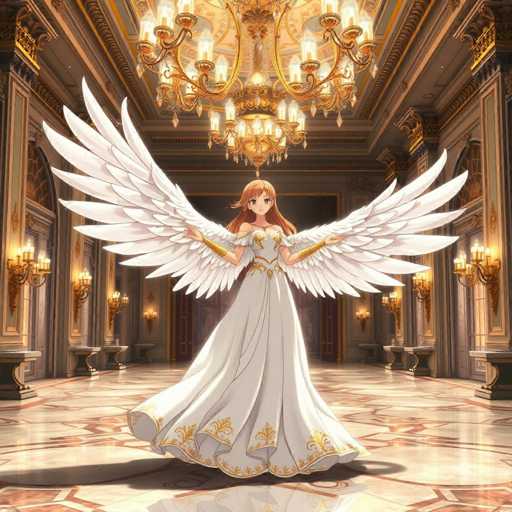 In this captivating image, a young woman stands gracefully in the center of an opulent room, exuding an ethereal beauty. She is adorned in a stunning white dress that features intricate gold embroidery along the hem, adding a touch of regal elegance. Her long, flowing red hair cascades down her back, framing her face with a soft glow. She wears gold armbands that complement her dress, and her arms are outstretched, showcasing her magnificent white wings that extend outward and upward, adding a mythical aura to her presence.

The room itself is a marvel of architecture, with walls that are a warm brown hue, accented by gold trim that gleams under the light. The floor is a pristine white, adorned with delicate red lines that form intricate patterns, enhancing the room's grandeur. Above, a magnificent chandelier hangs from the ceiling, its golden frame supporting numerous white lights that illuminate the space with a soft, warm glow. The chandelier's design is both elegant and imposing, adding to the room's luxurious atmosphere.

Behind the woman, a large brown door stands closed, its rich color contrasting with the lighter tones of the room. Flanking the door are two sconces, each holding three white candles that cast a gentle light on the walls. The overall ambiance of the room is one of refined elegance and quiet majesty, perfectly complementing the woman's ethereal appearance.