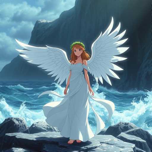 In this captivating image, a young woman stands barefoot on a rugged, rocky outcrop by the ocean. She is adorned in a flowing white dress that elegantly drapes around her, with delicate straps gracing her shoulders. Her long, reddish-brown hair cascades down her back, crowned with a vibrant green wreath. She possesses large, ethereal white wings that extend gracefully from her back, adding a mystical aura to her appearance. Her feet are a soft pink hue, contrasting subtly with the gray rocks beneath her. The ocean behind her is a dynamic blend of blue and white, with waves crashing energetically against the shore. In the distance, a towering mountain rises majestically, its gray slopes partially veiled by clouds. The sky above is a serene blue, dotted with fluffy white clouds, completing this enchanting scene.