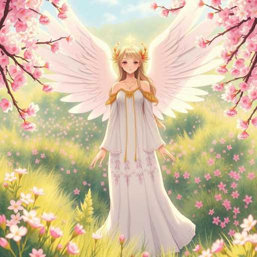 In this captivating anime-style illustration, a young woman stands gracefully in the center of a lush, grassy field. She is adorned in a flowing white dress that features elegant gold trim along the edges and a delicate pink floral pattern near the hem. Her long, flowing blonde hair cascades down her back, and she wears a golden headpiece that complements her dress. She has large, expressive brown eyes and a serene smile, with her arms outstretched to her sides. 

Behind her, majestic white wings extend outward, adding an ethereal quality to her presence. The background is a vibrant tapestry of tall grass interspersed with pink flowers, creating a picturesque meadow. Above, a clear blue sky stretches out, dotted with fluffy white clouds, and the sun shines brightly, casting a warm glow over the entire scene. 

Flanking the central figure, branches from cherry blossom trees extend into the frame, their delicate pink blossoms adding a touch of natural beauty to the composition. The overall image exudes a sense of tranquility and enchantment, drawing the viewer into this magical world.