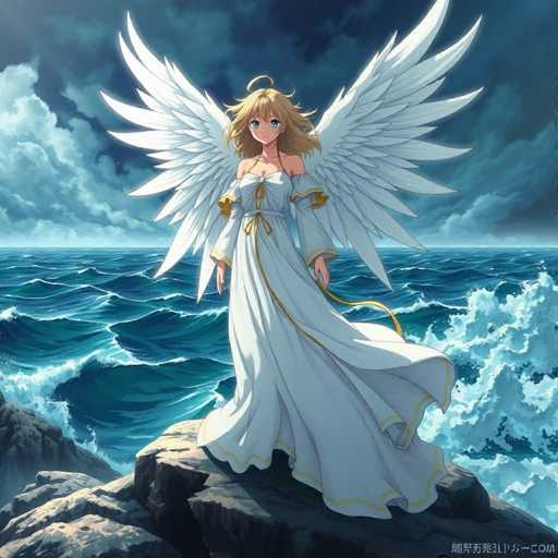 In this captivating image, a young woman stands majestically atop a rugged rock formation, her presence commanding the scene. She is adorned in a flowing white dress that cascades elegantly to the ground, featuring a delicate gold trim along the hem. The dress is intricately designed with thin straps that rest gently on her shoulders, and its sleeves are loose and flowing, adding to the ethereal quality of her attire. 

Her long, wavy blonde hair cascades down her back, framing her face with soft waves that dance in the wind. Large, expressive blue eyes and a small, pointed chin complete her serene and angelic visage. Most strikingly, she possesses enormous white wings that extend gracefully from her back, their feathers fanning out in a majestic display.

The backdrop is a dramatic seascape, with choppy blue waters and crashing waves that create a sense of movement and power. The sky above is filled with dark, brooding clouds, adding a touch of mystery and intensity to the scene. The overall composition blends the ethereal beauty of the woman with the raw, untamed energy of the ocean and sky, creating a visually stunning and emotionally evocative image.