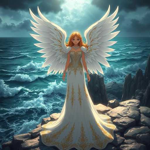 In this captivating image, a woman stands gracefully on a rugged, rocky outcrop that juts into the ocean. She is adorned in a stunning white gown embellished with intricate gold embroidery along the hem and bodice. Her long, flowing hair cascades down her back, complementing her ethereal appearance. Large, majestic white wings extend from her back, adorned with delicate gold accents that mirror the embroidery on her dress. The woman's expression is serene, with her arms relaxed at her sides, exuding a sense of calm and poise. Behind her, the ocean stretches out to the horizon, its waves crashing against the rocks below, creating a dynamic contrast to her tranquil presence. The sky above is filled with dark, brooding clouds, yet a bright light pierces through the center, casting a dramatic glow on the scene. The overall composition is striking, with the woman's white gown and wings standing out vividly against the moody backdrop of the sea and sky.