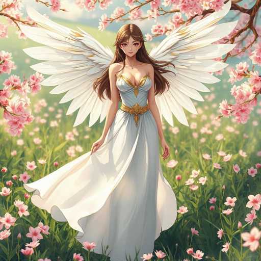 A woman with long brown hair and a white dress is standing in the center of a field filled with pink flowers. The background features trees and bushes against a clear blue sky.