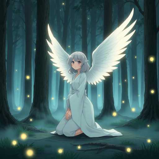 A woman with long hair and white wings is kneeling on a grassy area surrounded by trees. She is wearing a white dress that contrasts with the dark forest around her. The trees have glowing green leaves, creating an ethereal atmosphere in the scene.