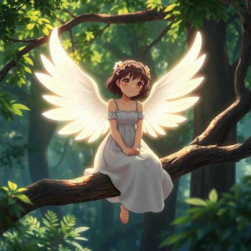 In this captivating image, a young girl with short brown hair adorned with delicate flowers sits gracefully on a tree branch. Her large, expressive brown eyes and tiny mouth give her a serene and contemplative appearance. She is dressed in a flowing white dress that complements her ethereal presence. The girl's feet dangle from the branch, adding a touch of whimsy to the scene. Surrounding her are lush green leaves, creating a natural canopy that frames her figure beautifully. The background is filled with more trees, their branches and leaves forming a dense, verdant backdrop. Sunlight filters through the foliage, casting a gentle glow on the girl's face and hair, enhancing the enchanting atmosphere of the image.