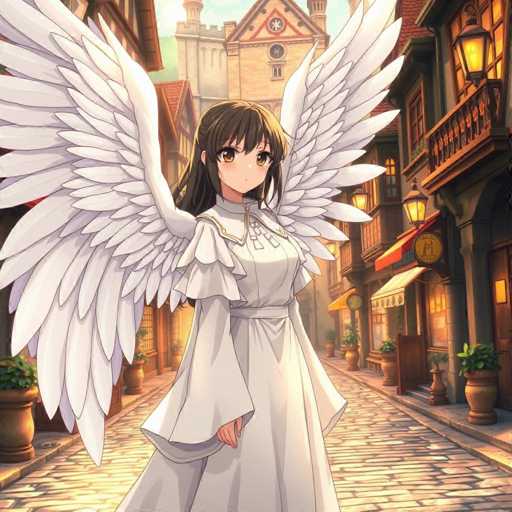 The image depicts a detailed scene from an anime, featuring a young girl with long brown hair and large, expressive brown eyes. She is dressed in a flowing white gown adorned with gold trim and a high collar, which is fastened with buttons. The dress has a belt cinching her waist, and the sleeves are puffy at the shoulders, tapering into long, elegant sleeves. Notably, she has large, majestic white wings extending from her back, adding a fantastical element to her appearance.

The girl stands on a cobblestone street, which is lined with various buildings. To her right, there is a building with a balcony and a red awning, while to her left, another building features a yellow awning. The street is illuminated by gas lamps, casting a warm glow over the scene. Potted plants are placed along the curbs, adding a touch of greenery to the urban setting. In the background, a grand castle with a prominent tower rises against the sky, completing the picturesque and enchanting atmosphere of the image.