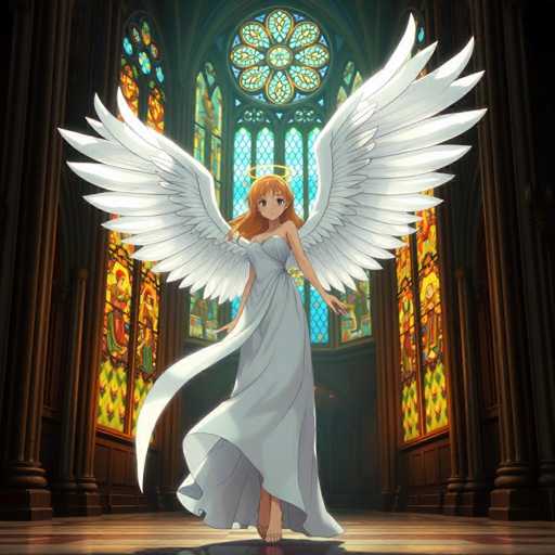 In this captivating image, we see a striking anime character set against the backdrop of a grand cathedral. The character is a young woman with long, flowing red hair that cascades down to her chest. She is adorned in a flowing white dress that elegantly drapes around her, with a long, trailing piece of fabric extending from the left side of her dress. Her bare feet are visible, adding a touch of vulnerability to her ethereal appearance.

The most prominent feature is her pair of large, majestic white wings that spread wide, dominating the upper portion of the image. A delicate golden halo hovers above her head, enhancing her angelic aura. Her expressive eyes are wide open, and her mouth is slightly agape, conveying a sense of awe or wonder.

The setting is a magnificent cathedral, characterized by its towering, dark brown wooden walls that frame the scene. The floor beneath her is a rich brown, complementing the overall warm and solemn atmosphere. Behind her, a series of stained glass windows add vibrant splashes of color to the environment. The central window features a large, flower-like design, while the side windows depict various scenes, including a man in a green robe and another in a red robe. The stained glass windows predominantly showcase hues of yellow, red, and green, with touches of blue, creating a mesmerizing backdrop.

Overall, the image beautifully blends the ethereal presence of the anime character with the grandeur and intricate details of the cathedral setting.