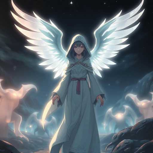 A woman with long white hair and wings stands in a dark landscape, wearing a blue robe and hooded headdress. The background is filled with foggy mountains and trees, creating an ethereal atmosphere.