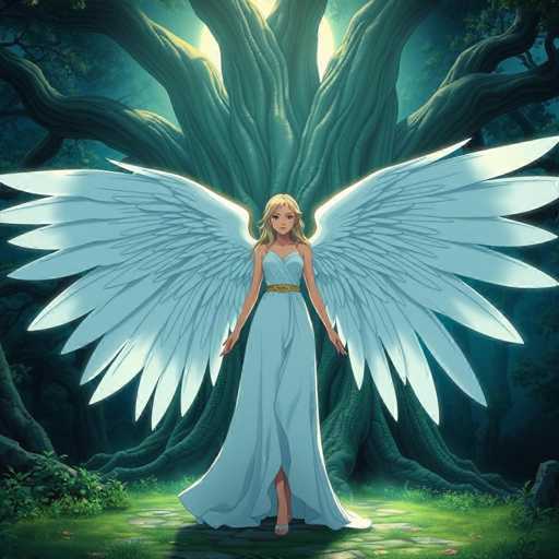 In this captivating image, a young woman stands gracefully in front of a colossal tree, her presence commanding attention. She is adorned in a flowing blue dress that elegantly drapes to the ground, with a gold belt cinched at her waist, adding a touch of regal flair. Her long blonde hair cascades down her back, framing her serene face. She wears white sandals, completing her ethereal ensemble.

The woman's most striking feature is her enormous, white wings, which extend majestically from her back. These wings are intricately detailed, with feathers that taper to sharp points, creating a dramatic and ethereal effect. The wings are so expansive that they nearly touch the ground, emphasizing their grandeur.

Behind her, the tree looms impressively, its trunk split into multiple trunks that stretch outwards, each branch adorned with lush green leaves. The tree's immense size and the intricate network of its branches create a sense of awe and mystery. The scene is set at night, with the moon casting a soft, white glow that illuminates the woman's wings and hair, adding a mystical ambiance to the image. The ground beneath her is covered in grass, with a stone pathway winding through the scene, adding texture and depth to the enchanting setting.