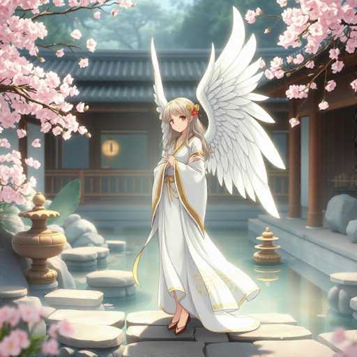 In this captivating image, an anime character stands gracefully on a stone pathway that extends over a serene body of water. The character is adorned in a flowing white dress with elegant gold trim, which cascades down to her feet, revealing her delicate legs and brown shoes. Her long, flowing blonde hair is complemented by a red and yellow bow on the left side of her head, adding a touch of vibrant color to her appearance. She has large, expressive brown eyes that gaze directly at the viewer, and her wings, which are a striking white with intricate black lines, extend majestically from her back.

The scene is set in a tranquil garden, with cherry blossom trees on both the left and right sides of the image, their pink petals adding a soft, delicate touch to the environment. In the background, a traditional Japanese building with a distinctive black roof and brown walls stands, its architecture evoking a sense of historical authenticity. The water beneath the pathway is a clear, light blue, reflecting the sky above and adding to the overall sense of peace and harmony in the scene.