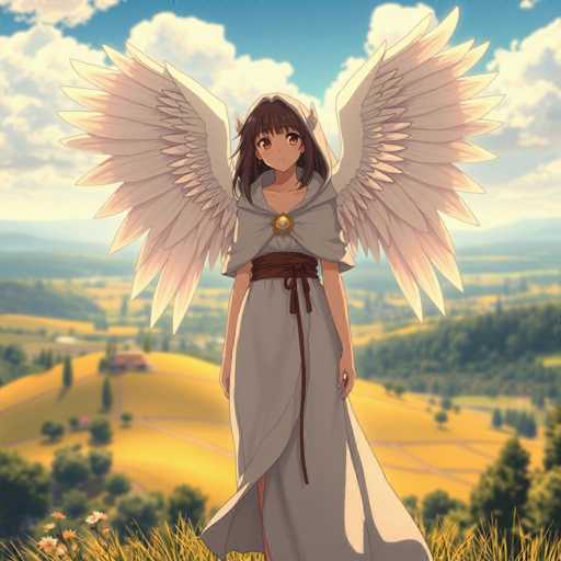 In this captivating image, a young girl stands gracefully on a hill, her long brown hair cascading down her shoulders. She is adorned in a flowing white dress that features a prominent brown belt cinched at her waist, with the dress elegantly split to reveal her legs. Her large, expressive brown eyes and a small, delicate mouth give her an ethereal appearance. A white hood drapes over her head, adding to her mystical aura. 

Behind her, a pair of majestic white wings spread wide, their feathers intricately detailed and shimmering in the light. The wings are positioned just above her shoulders, framing her figure beautifully. She stands amidst tall, golden grass, with a small cluster of white flowers with yellow centers in the bottom left corner of the image, adding a touch of natural beauty.

The background reveals a serene landscape of rolling hills, dotted with lush green trees and patches of golden farmland. A quaint house with a brown roof and white walls peeks out from the left side of the scene, nestled among the trees. The sky above is a brilliant blue, adorned with fluffy white clouds, completing this enchanting and serene tableau.