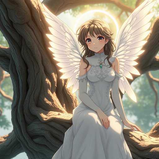 In this captivating image, a young woman is depicted in a serene, almost ethereal setting. She is seated gracefully on a tree branch, her long brown hair cascading down her shoulders. Her striking blue eyes are accentuated by her delicate features, including a small nose and a tiny mouth. A subtle earring adorns her left ear, adding a touch of elegance to her appearance.

The woman is dressed in a flowing white gown that exudes an angelic aura. The dress features intricate lace detailing around the bust, and a prominent green gemstone embellishes the neckline, drawing the eye. Her arms are adorned with long sleeves that extend from her elbows to her wrists, adding a touch of sophistication to her ensemble.

Her wings, a pristine white, spread out behind her, enhancing the celestial impression. A radiant halo of light hovers above her head, casting a gentle glow that illuminates the scene. The background is a lush tapestry of green leaves, with sunlight filtering through, creating a warm and enchanting atmosphere. The tree branch she sits on is a rich brown, providing a natural contrast to the ethereal elements surrounding her.