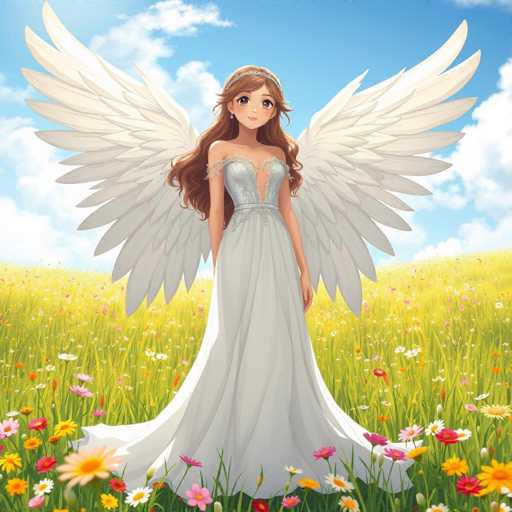 This detailed illustration depicts a young woman with long, wavy brown hair cascading down to her waist. She is adorned in a stunning white wedding dress that features a deep V-neckline and a corset-like bodice, accentuated by intricate lace detailing. The dress is form-fitting at the top and flares out into a flowing skirt that extends to the ground, with a train trailing behind her. Her arms are bare, and she wears a delicate silver tiara that complements her elegant appearance. 

Adding to her ethereal presence, she has large, majestic white wings that span wide behind her, with feathers that transition from a light gray at the base to a pristine white at the tips. She stands in a vibrant field of tall grass, interspersed with a colorful array of flowers in shades of pink, yellow, orange, and white. The sky above is a serene blue, dotted with fluffy white clouds, creating a picturesque and dreamy backdrop for this enchanting scene.