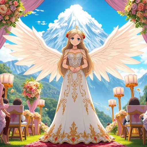 In this captivating anime-style illustration, a young woman stands gracefully at the center of a lush, grassy field. She is adorned in a stunning white dress, intricately detailed with gold embroidery along the hem and sleeves. Her long, flowing blonde hair cascades down her back, complementing her large, white angel wings that extend majestically from her back. She gazes directly at the viewer with a serene expression, her hands clasped in front of her.

Surrounding her are several pink chairs, each occupied by individuals facing away from the viewer, their attention seemingly focused on her. The scene is framed by tall, elegant candle stands with white candles, adding a touch of sophistication to the setting. In the background, a majestic mountain rises, its peak capped with snow and bathed in sunlight, creating a striking contrast against the clear blue sky. The entire composition exudes a sense of ethereal beauty and tranquility.