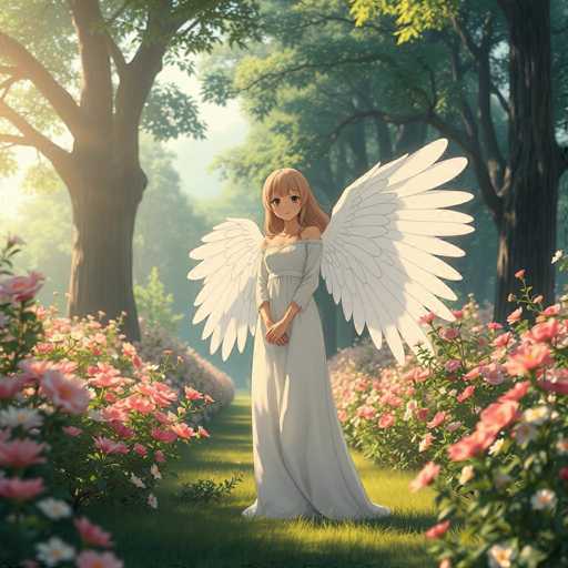 A young girl with long brown hair and a white dress stands in the center of a garden filled with pink flowers. The girl is wearing a white dress that matches her hair color, and she has wings on either side of her body. The garden is lush with green trees and bushes surrounding the girl, creating a serene and peaceful atmosphere.