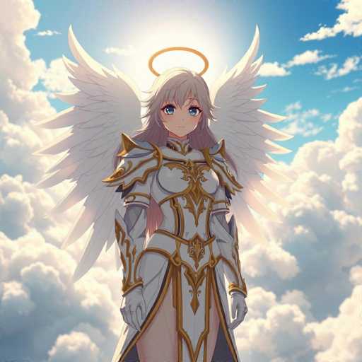 The image depicts a striking anime-style character set against a serene sky. The character, a young woman with long, flowing blonde hair, is adorned in an elaborate white and gold armor that exudes a sense of grandeur and power. Her large, expressive blue eyes and small, delicate nose and mouth give her a serene and almost ethereal appearance. A golden halo hovers above her head, adding to her celestial aura.

Her armor is intricately designed, featuring prominent shoulder pads and a chest plate that accentuates her figure. The armor extends down to her thighs, leaving her legs bare, and is complemented by white gloves that cover her hands. The overall design of the armor is both elegant and formidable, suggesting a warrior ready for battle.

The background is a picturesque sky filled with fluffy white clouds, with patches of blue peeking through. The sun shines brightly, casting a warm glow over the entire scene, enhancing the dreamlike quality of the image. The character stands confidently, gazing directly at the viewer, her presence commanding attention and evoking a sense of awe and admiration.
