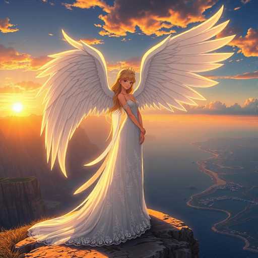 In this captivating image, a woman stands gracefully on a rocky outcrop, her long, flowing blonde hair cascading down her back. She is adorned in a stunning white dress, intricately detailed with lace and floral patterns, which elegantly flows to the ground. The dress features a deep V-neckline, adding a touch of sophistication to her appearance. Atop her head, she wears a delicate crown, signifying her regal presence.

Her large, majestic white wings extend behind her, catching the light and adding a ethereal quality to the scene. The wings are detailed with numerous feathers, enhancing their grandeur. She stands with her hands clasped in front of her, exuding a serene and composed demeanor.

The backdrop is breathtaking, with a vast expanse of water stretching out behind her. The sun is setting, casting a warm, golden glow across the landscape. To the left, a towering cliff face rises, its rugged surface contrasting beautifully with the smooth water below. The sky is a canvas of colors, with clouds tinged in shades of orange, gray, and blue, adding depth and drama to the scene. The interplay of light and shadow, combined with the natural beauty of the setting, creates a mesmerizing and almost otherworldly atmosphere.