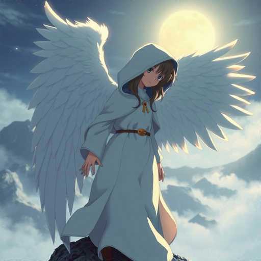 In this captivating image, a young girl stands poised on a rocky outcrop, her figure silhouetted against a dramatic night sky. She is adorned in a flowing white robe, cinched at the waist with a brown belt that features a prominent gold buckle. Her long brown hair cascades down, partially obscuring her face, which is marked by large, expressive blue eyes and a small, delicate nose. Her lips are painted a soft pink, adding a touch of color to her serene expression. 

The girl's hands rest gently at her sides, and emerging from her robe are majestic white wings, their feathers intricately detailed and illuminated by the ethereal glow of the full moon behind her. The moonlight casts a luminous sheen on the wings, enhancing their ethereal beauty. 

Above her, the sky is a deep, dark blue, dotted with a few twinkling stars. The full moon, glowing brightly, dominates the upper right corner of the image, its light filtering through wisps of clouds that drift across the scene. Below the moon, the silhouettes of mountains and rocky formations are faintly visible, adding depth and mystery to the landscape. The overall composition creates a sense of otherworldly tranquility and wonder.