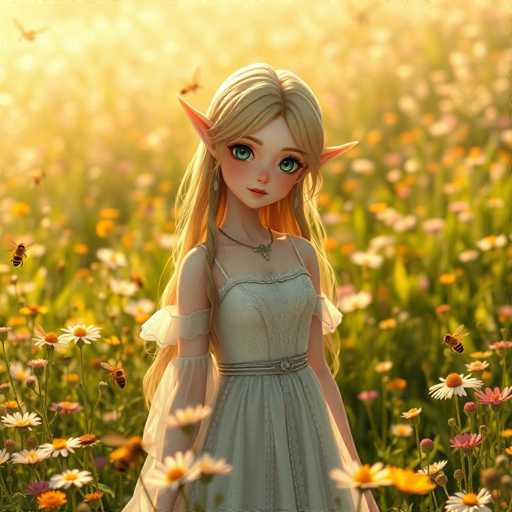 The image depicts a highly detailed, computer-generated or AI-generated fantasy character, resembling an elf or fairy princess. She stands in a vibrant field of tall flowers, predominantly white daisies with yellow centers, interspersed with pink and orange blooms. The background is a bright, sunny scene, with sunlight streaming from the top left corner, casting a warm glow over the entire image. 

The character has long, flowing blonde hair with a braid cascading over her right shoulder. Her large, expressive blue eyes are framed by long eyelashes, and her pointed, elf-like ears extend outward. She has a delicate, heart-shaped face with a small nose and pink lips. Around her neck, she wears a silver necklace with a triangular pendant. Her attire includes a white dress with thin straps and a silver belt cinched at her waist. The dress features a sheer, lacy fabric that drapes elegantly over her arms, adding to her ethereal appearance. 

The scene is further animated by the presence of numerous bees buzzing around her, enhancing the magical and serene atmosphere of the image.