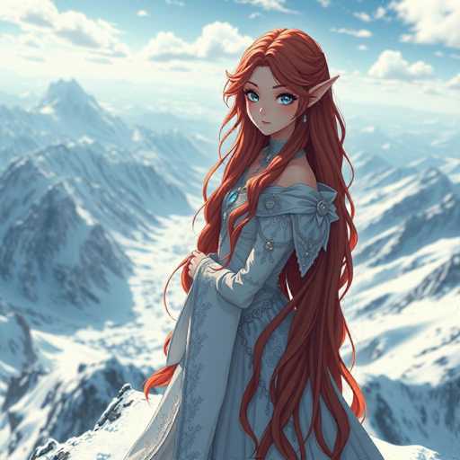 A captivating anime-style illustration features a striking female character with long, flowing red hair that cascades down to her knees. Her vibrant blue eyes and pointed ears give her an otherworldly appearance, reminiscent of a fantasy elf. She is adorned in an elegant blue dress that complements her ethereal look. The character stands on a snow-covered mountaintop, gazing thoughtfully to the left. The background reveals a majestic, snow-capped mountain range under a clear blue sky dotted with fluffy white clouds. The scene is bathed in bright sunlight, enhancing the serene and picturesque atmosphere.