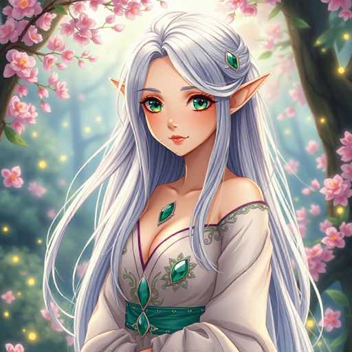 This image features a beautifully detailed, computer-generated anime-style character of a female elf. She has long, flowing white hair adorned with a green emerald barrette. Her striking green eyes are framed by long, elegant eyelashes, and her pointed ears add to her elven appearance. She is dressed in a white, off-the-shoulder top with a V-neck, embellished with green emerald accents and a green belt. The background is a serene forest scene, filled with trees and branches adorned with pink cherry blossoms. Yellow lights, resembling fireflies, twinkle around her, adding a magical touch to the setting. The character is depicted from the waist up, with her arms positioned in front of her, exuding a sense of grace and tranquility.