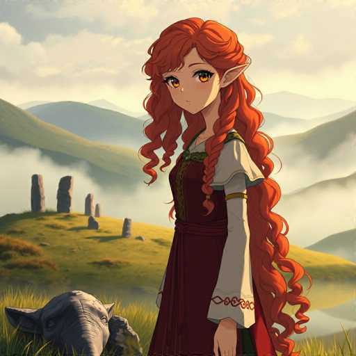A young girl with red hair and a red dress stands on a grassy hillside, gazing off into the distance. In front of her is an elephant statue.