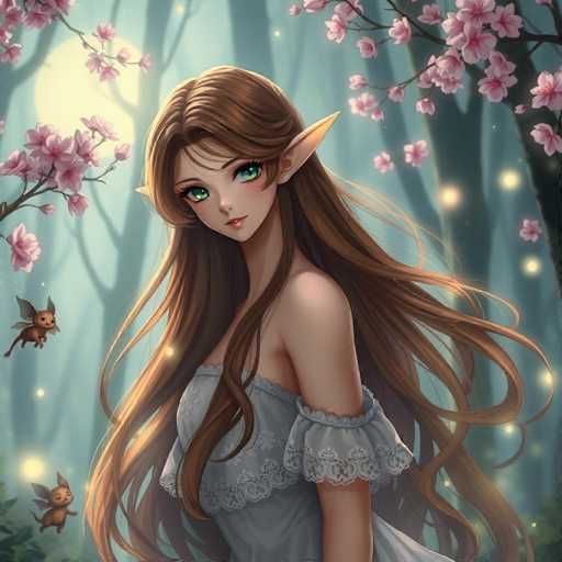 A woman with long brown hair and green eyes is standing in a forest surrounded by pink flowers. She is wearing a white dress that contrasts with the natural colors of her surroundings. The background features trees and bushes, creating a serene and tranquil atmosphere.