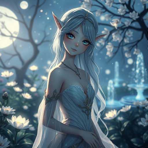 This digital artwork features a captivating fantasy character, a female elf with long, flowing white hair and striking blue eyes. She is adorned in a strapless white dress embellished with intricate silver embroidery, and a sheer white veil cascades from her head to her waist. Her pointed ears and delicate necklace add to her ethereal appearance. The elf stands in a serene garden, surrounded by white flowers and lush greenery. A fountain to her right adds a touch of tranquility, while a tree with white blossoms stands to her left. The night sky above is illuminated by a full moon, casting a soft glow over the scene. The image is devoid of any text, allowing the viewer to fully immerse in the enchanting atmosphere.