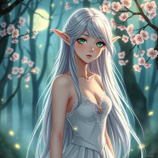 This detailed digital artwork features a captivating anime-style female character set against a serene nighttime forest backdrop. The character, who has long, flowing gray hair and striking green eyes, is adorned in a delicate white nightgown. Her pointed ears, reminiscent of an elf or fairy, add a touch of fantasy to her appearance. The scene is illuminated by a full moon, casting a soft glow over the landscape. Surrounding her are trees with branches heavy with pink cherry blossoms, and the ground is dotted with glowing fireflies, enhancing the enchanting atmosphere. The character's expression is one of subtle concern, adding an emotional depth to the image.