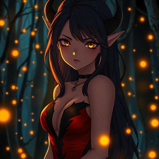 This image features a beautifully detailed, computer-generated anime-style character of a young woman with long, flowing black hair and striking yellow eyes. She has pointed ears, reminiscent of an elf, and is adorned with small black horns on her head. The character is dressed in a red dress with black accents, which is low-cut, revealing some cleavage. Around her neck, she wears a black choker with a small green pendant. The background depicts a dark, nighttime forest scene with tall, thin trees and glowing yellow orbs scattered throughout, adding a mystical ambiance to the image. The overall composition is square-shaped, with the character positioned centrally, her body angled slightly to the left while her face looks directly at the viewer.