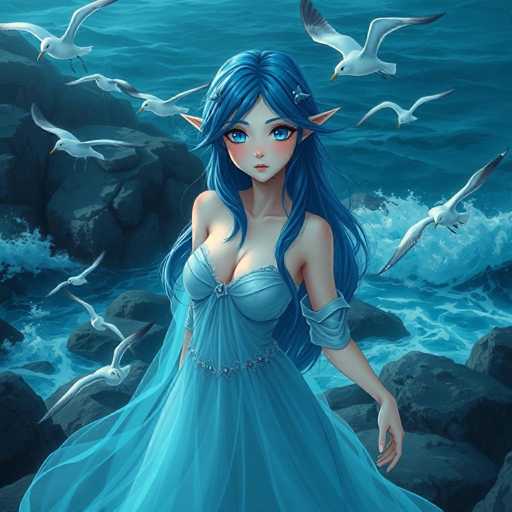 The image depicts a striking fantasy scene featuring a female character with distinct elven features. She has long, flowing blue hair adorned with two barrettes, and her pointed ears add to her otherworldly appearance. Her large, expressive blue eyes are framed by a heart-shaped face, and she wears a light blue dress that complements her hair. The dress is intricately designed with a diamond-shaped brooch at the center of her chest and a belt adorned with various jewels around her waist. The sleeves of her dress are rolled up to her elbows, revealing her arms.

The character stands on a rocky outcrop, surrounded by the dynamic splashes of ocean waves. Seagulls soar around her, adding to the coastal ambiance. The background is a deep, dark blue, enhancing the fantasy atmosphere of the scene. The overall composition is rich in detail, with the character's blue eyes and hair harmonizing beautifully with her light blue dress and the surrounding blue hues.