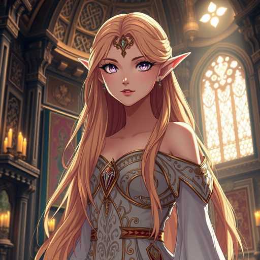 This image features a detailed, computer-generated depiction of Princess Zelda from the Legend of Zelda series, set within the grand architecture of a cathedral. The scene is richly colored, with hues of blue, gold, red, and purple, enhancing the majestic atmosphere. Princess Zelda is adorned in a light blue dress with intricate gold trim and a prominent red gem at the center. Her long, flowing blonde hair cascades down, and she wears a distinctive headpiece that resembles a crown. Her pointed ears and striking purple eyes are characteristic features of her character. The background showcases a cathedral with a large, ornate stained glass window and a chandelier hanging from the ceiling, adding to the grandeur of the setting.
