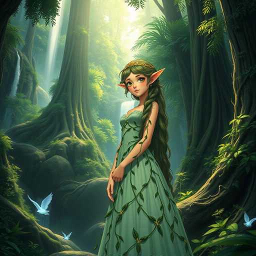 The image depicts a highly detailed, computer-generated scene of a young, elven-like woman standing in the center of a lush, green forest. She has long, dark green hair that cascades down to her waist, adorned with a golden crown. Her pointed ears and large, expressive eyes give her a distinctly elven appearance. She is wearing a flowing, green dress intricately patterned with vines and leaves, which complements her natural surroundings. The woman stands with her hands gently clasped in front of her, gazing slightly to the left.

The forest around her is vibrant and teeming with life. Tall trees with exposed roots and mossy trunks surround her, their branches stretching outwards. The ground is covered in green grass and dotted with various plants and flowers. In the background, a small waterfall cascades down, adding to the serene atmosphere. Three white birds, possibly doves, are flying around her, enhancing the magical ambiance of the scene. The overall composition is rich in detail, with a harmonious blend of colors and elements that create a captivating and enchanting forest setting.