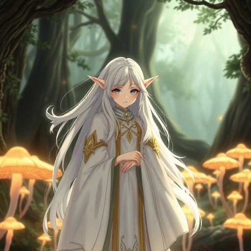 A young girl with long blonde hair stands in a forest filled with mushrooms and trees. She is dressed in a white robe adorned with gold accents and has blue eyes that sparkle like stars. The background features a dense forest of tall trees and mushrooms, creating an enchanting atmosphere.