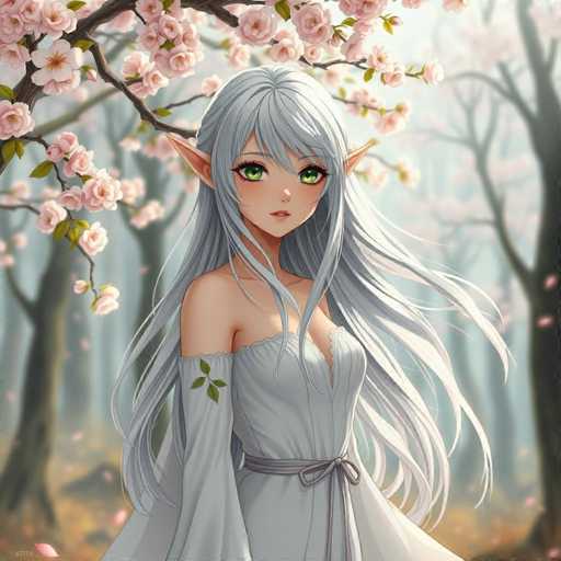 This detailed digital illustration features a captivating anime-style female character set against a serene, misty forest backdrop. The character, with her long, flowing gray hair and striking green eyes, exudes an ethereal presence. She possesses pointed ears, reminiscent of elven or fairy folklore, adding a touch of mystique to her appearance. Her attire is a light gray dress that elegantly drapes off her shoulders, adorned with a darker gray sash tied at her waist. The dress is further embellished with delicate green leaves on the sleeve of her right arm, enhancing the natural, whimsical theme of the artwork. The background is a soft, out-of-focus forest, with trees and branches adorned with pink flowers, creating a dreamy, almost magical atmosphere. The overall composition beautifully blends fantasy elements with a serene, natural setting.