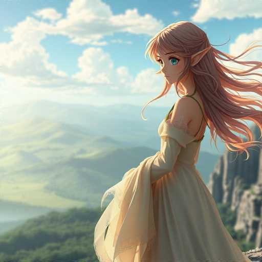 In this captivating image, we see a beautifully detailed anime-style character set against a serene natural backdrop. The character, a young girl with long, flowing pink hair, stands on the edge of a cliff, gazing thoughtfully into the distance. Her large, expressive blue eyes and pointed ears give her an otherworldly appearance, reminiscent of an elf or fairy. She is dressed in a flowing white dress with a green top, and a sheer shawl drapes elegantly over her arms. The scene is bathed in the warm, golden light of a setting sun, which casts a gentle glow on her hair and the dress, enhancing the ethereal atmosphere. The background features a picturesque landscape with lush green hills, rocky outcrops, and a clear blue sky dotted with fluffy white clouds. The overall composition evokes a sense of tranquility and wonder, as if the character is lost in a moment of peaceful reflection.