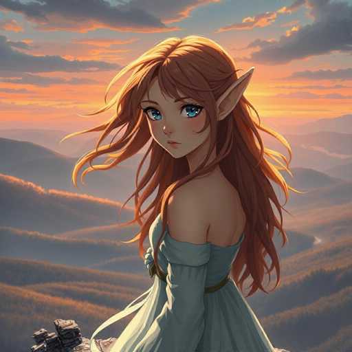 A young girl with long red hair and blue eyes stands on a cliff overlooking a valley below. She is wearing a light blue dress that contrasts with the warm hues of the sunset behind her. The sky above is painted in shades of orange and yellow, creating a breathtaking backdrop for the scene.
