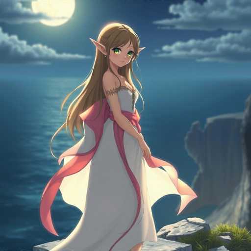 In this captivating image, a young female elf stands gracefully on a rocky outcrop by the ocean. The scene is bathed in the soft, ethereal light of a full moon, which casts a gentle glow over the landscape. The sky is adorned with a scattering of clouds, adding to the mystical atmosphere. The elf, with her long, flowing brown hair and striking green eyes, exudes an aura of serenity and elegance. She is dressed in a flowing white gown that complements the natural beauty around her, and a pink scarf is tied around her waist, adding a touch of color to her attire. Her pointed ears, characteristic of her elven nature, stand alert and graceful. The elf's gaze is directed towards the camera, creating a sense of connection with the viewer. The background is slightly blurred, emphasizing the elf and her immediate surroundings, while the ocean stretches out behind her, its waves gently lapping at the shore. The overall composition of the image evokes a sense of tranquility and wonder, perfectly capturing the essence of this enchanting moment.