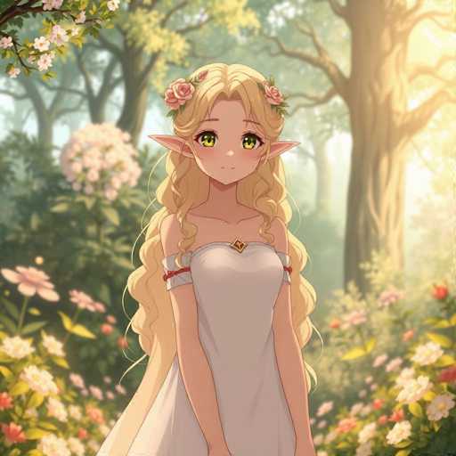 This detailed illustration features a young female elf, likely in her early teens, with long, curly blonde hair adorned with pink roses and green leaves. Her pointed ears and large, expressive yellow eyes give her a distinct elven appearance. She is dressed in a white dress with red trim on the sleeves, which are pulled up to her elbows. A gold emblem is prominently displayed on her chest. The setting is a lush, sunlit forest, with tall trees and an abundance of flowers, including pink roses and other vibrant blooms, creating a picturesque and serene backdrop.