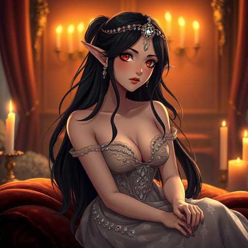 This detailed illustration depicts a female elf with long, flowing black hair adorned with a diamond-encrusted headband. The headband features a prominent jewel at the center, with additional jewels cascading down to rest on her forehead. She has striking red eyes and pointed ears, characteristic of elves. Her attire is a gray dress embellished with intricate silver designs and adorned with diamonds. The dress has a low-cut neckline, revealing a hint of cleavage, and is further decorated with diamond-encrusted straps. The lower part of her dress is also gray, embellished with silver flowers. She is seated on a red couch, with her hands resting on her lap. The background is softly blurred, but a wall-mounted light fixture with four candles can be seen, casting a warm glow. Candles on candlesticks are also placed on the couch, adding to the cozy ambiance.