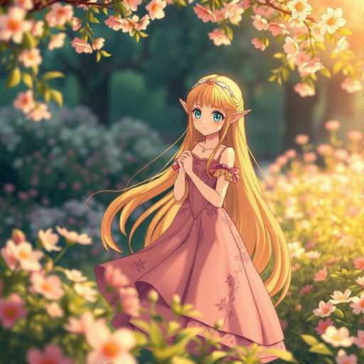 The image depicts a young anime-style elf girl with long, flowing blonde hair adorned with a silver headband featuring a red jewel. She has large, expressive blue eyes and pointed ears, characteristic of elves. The girl is dressed in a pink dress with a floral pattern, which has a low neckline and short sleeves. Her hands are clasped together in front of her chest, and she wears a necklace with a small pendant. She stands in a lush, green field filled with pink and white flowers, with sunlight streaming from the right side of the image. The background is slightly blurred, emphasizing the girl and the vibrant floral surroundings.